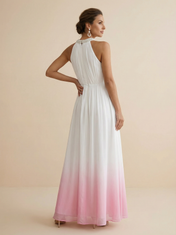 White to Pink Ombre Halter Chiffon Maxi Dress