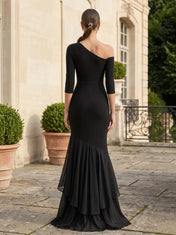 One‑Shoulder 3/4 Sleeve Draped Chiffon Mermaid Evening Gown