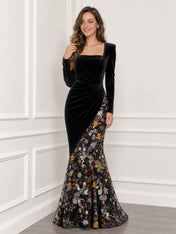 Square Neck Long Sleeve Velvet Mermaid Evening Gown With Floral Embroidered Tulle Panel