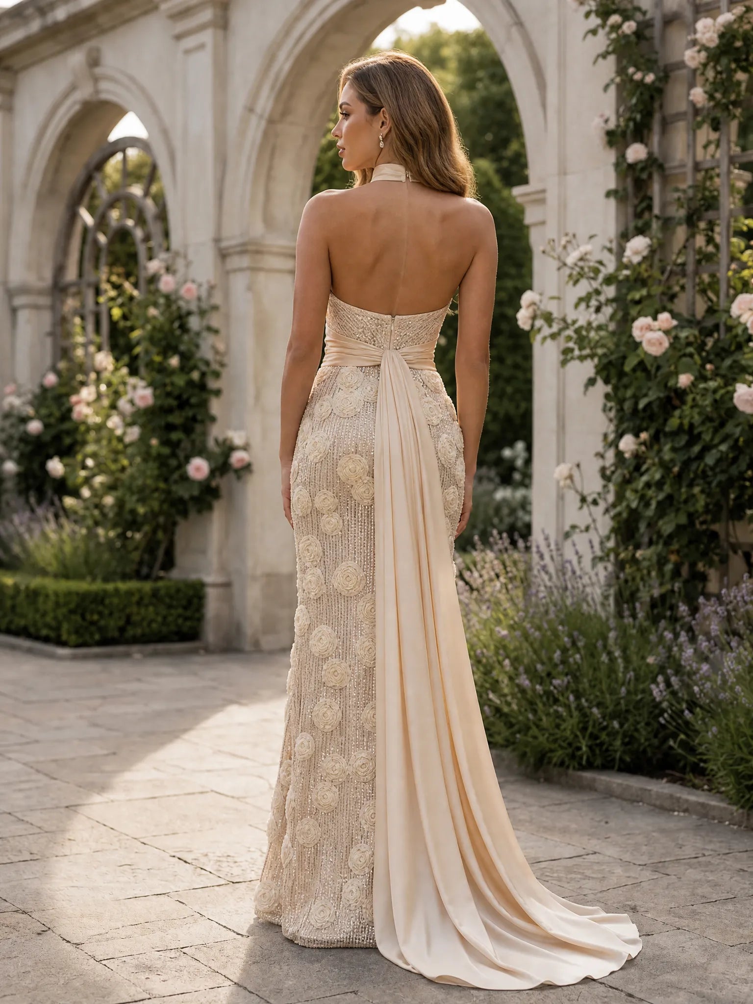 Halter Satin Mermaid Evening Gown With 3D Floral Appliques & Back Satin Trailing Sash