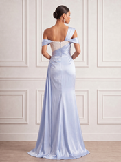 Satin and Lace Sheath Cold Shoulder Floor-Length Evening Dresses with Ruffles