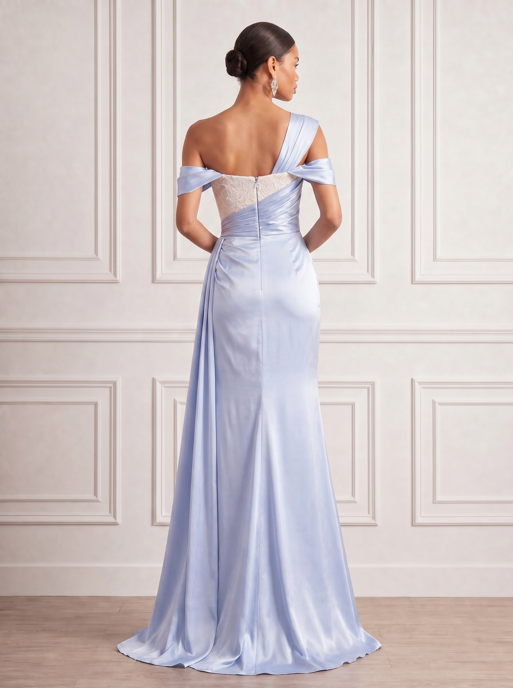 Satin and Lace Sheath Cold Shoulder Floor-Length Evening Dresses with Ruffles