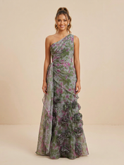 Botanical Party Sage Green Floral One-Shoulder Formal Evening Gown