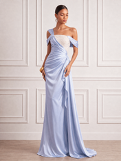 Satin and Lace Sheath Cold Shoulder Floor-Length Evening Dresses with Ruffles