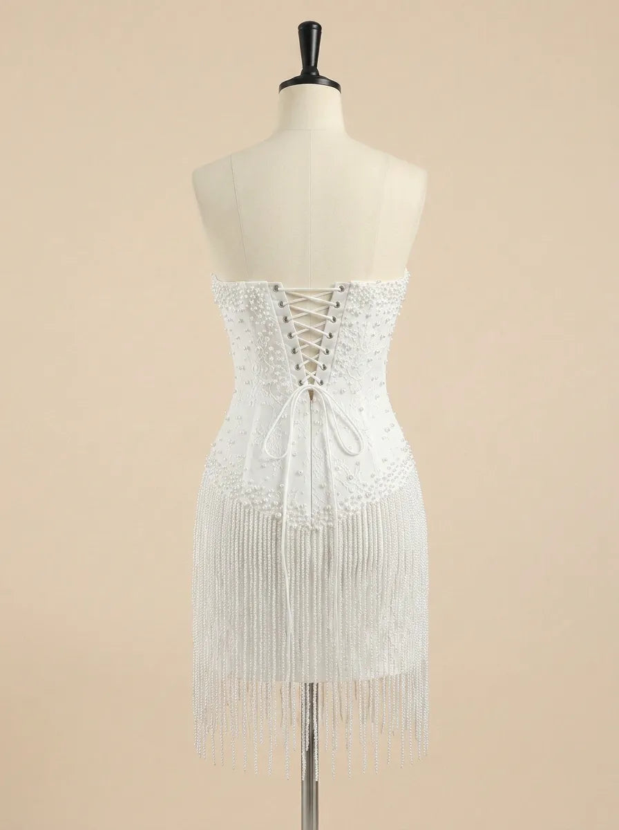 White Beaded Corset Fringe Hem Short Homecoming Dress