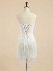 White Beaded Corset Fringe Hem Short Homecoming Dress