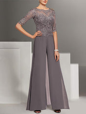 Chiffon half Sleeves Mother of the Bride Pantsuits with Lace