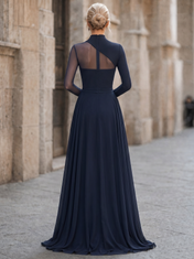 Asymmetrical Mesh A-Line Mock Neck Floor-Length Evening Dresses with Slit