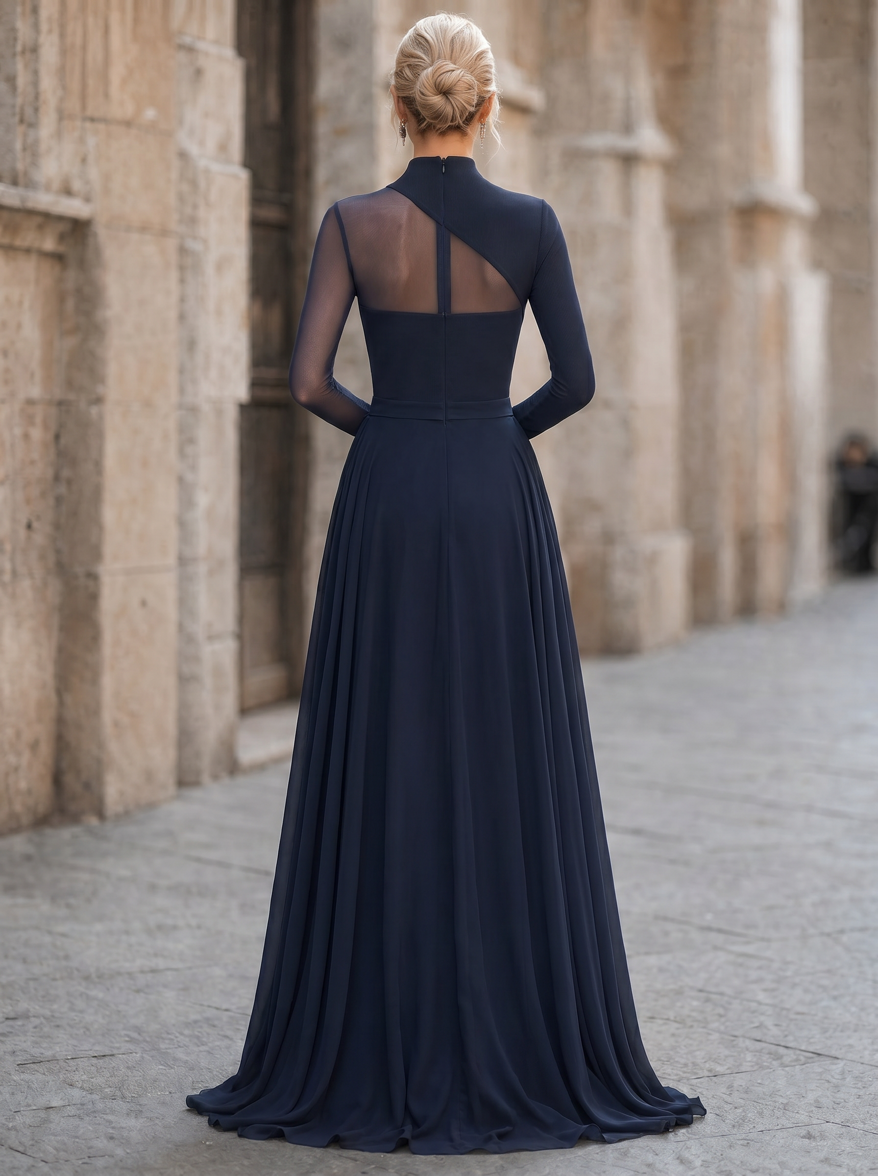Asymmetrical Mesh A-Line Mock Neck Floor-Length Evening Dresses with Slit