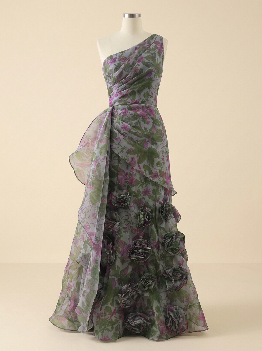 Botanical Party Sage Green Floral One-Shoulder Formal Evening Gown