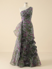 Botanical Party Sage Green Floral One-Shoulder Formal Evening Gown