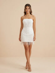White Beaded Corset Fringe Hem Short Homecoming Dress