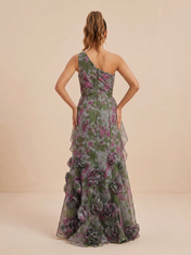 Botanical Party Sage Green Floral One-Shoulder Formal Evening Gown