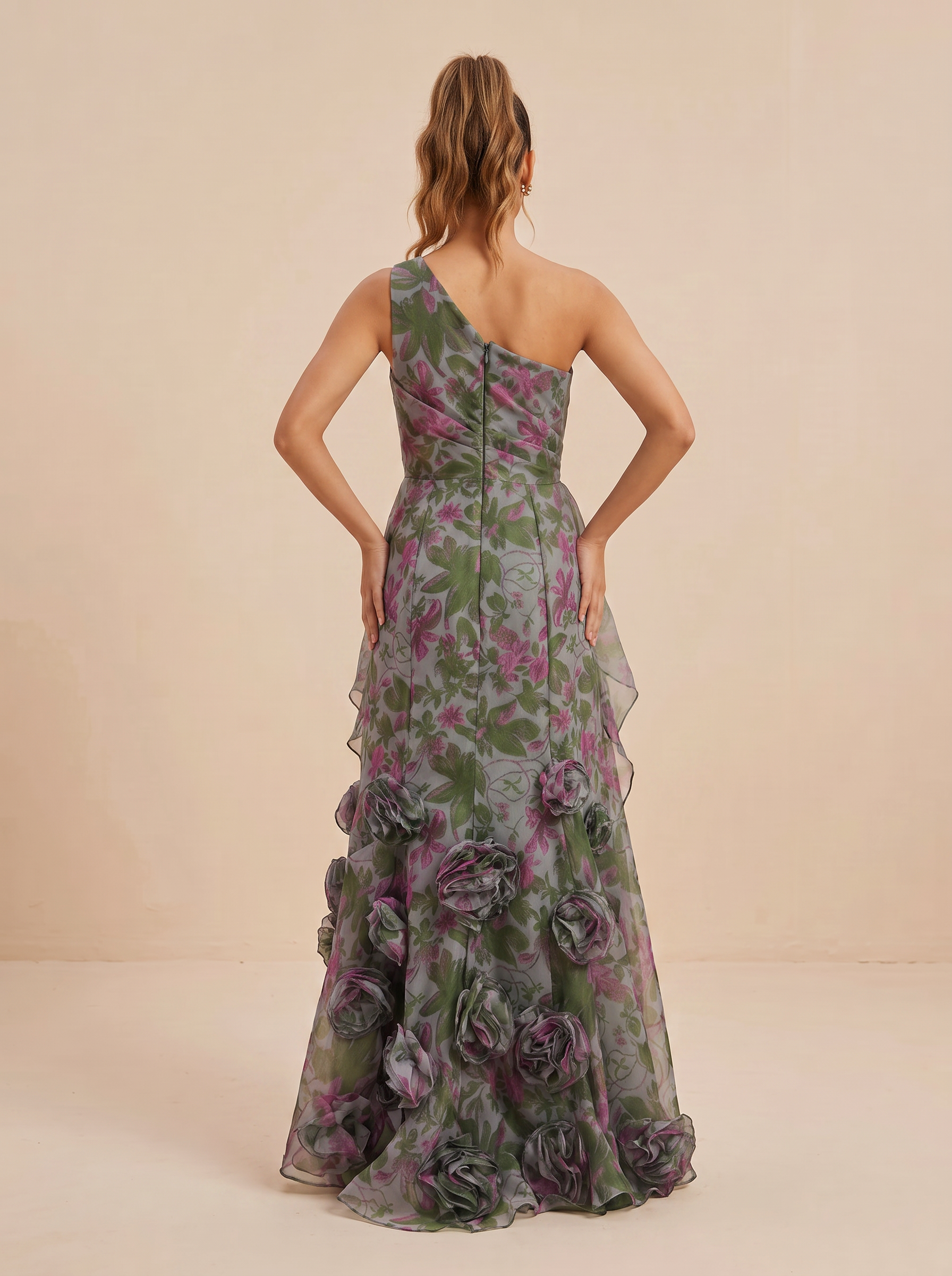 Botanical Party Sage Green Floral One-Shoulder Formal Evening Gown