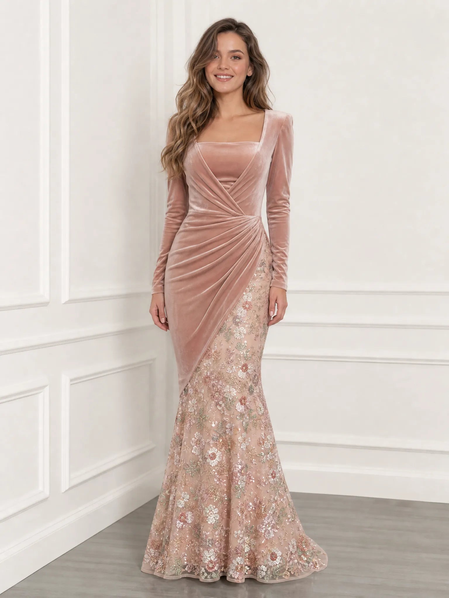 Square Neck Long Sleeve Velvet Mermaid Evening Gown With Floral Embroidered Tulle Panel