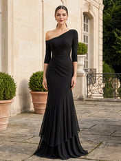 One‑Shoulder 3/4 Sleeve Draped Chiffon Mermaid Evening Gown