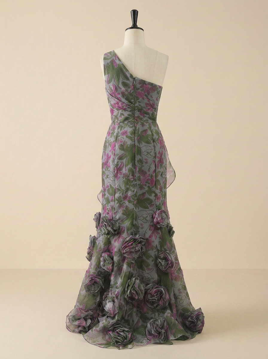 Botanical Party Sage Green Floral One-Shoulder Formal Evening Gown