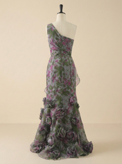 Botanical Party Sage Green Floral One-Shoulder Formal Evening Gown