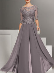 Chiffon half Sleeves Mother of the Bride Pantsuits with Lace