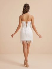 White Beaded Corset Fringe Hem Short Homecoming Dress
