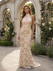 Halter Satin Mermaid Evening Gown With 3D Floral Appliques & Back Satin Trailing Sash