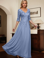 Slate Blue A Line V-Neck Chiffon Mother Of The Bride Dress With Appliques