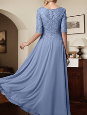 Slate Blue A Line V-Neck Chiffon Mother Of The Bride Dress With Appliques