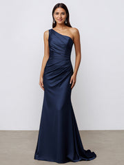 Navy Mermaid One Shoulder Satin Long Formal Eveing Dress