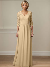 Champagne A Line Scoop-Neck Floor-Length Lace Chiffon Mother Of The Bride Dress With Appliques