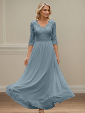 Dusty Blue A Line V-Neck Lace Chiffon Mother Of The Bride Dress With Appliques