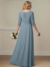 Dusty Blue A Line V-Neck Lace Chiffon Mother Of The Bride Dress With Appliques