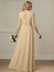 Champagne A Line Scoop-Neck Floor-Length Lace Chiffon Mother Of The Bride Dress With Appliques
