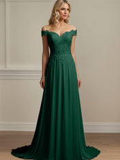 Dark Green A Line Off The Shoulder Chiffon Mother Of The Bride Dress With Appliques
