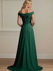 Dark Green A Line Off The Shoulder Chiffon Mother Of The Bride Dress With Appliques