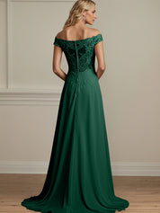 Dark Green A Line Off The Shoulder Chiffon Mother Of The Bride Dress With Appliques