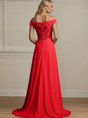 Red A Line Off The Shoulder Chiffon Mother Of The Bride Dress With Appliques