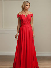 Red A Line Off The Shoulder Chiffon Mother Of The Bride Dress With Appliques