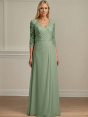 A-line V-Neck Floor-Length Lace Chiffon Mother of the Bride Dress With Pleated