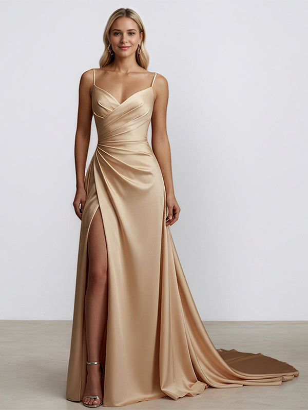 Champagne A Line Spaghetti Strap V Neck Long Formal Dress with Slit