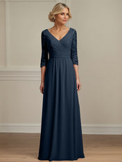Dark Navy A-line V-Neck Floor-Length Lace Chiffon Mother of the Bride Dress With Pleated
