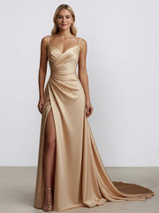 Champagen A Line Spaghetti Strap V Neck Long Formal Dress with Slit