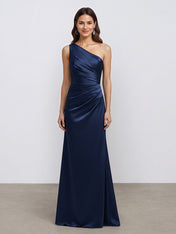 Navy A Line One Shoulder Satin Long Formal Eveing Dress