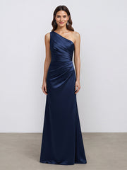 Navy A Line One Shoulder Satin Long Formal Eveing Dress