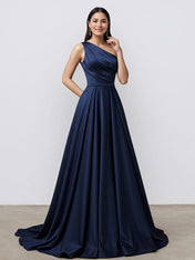 Navy A Line One Shoulder Satin Long Formal Eveing Dress with Pocket