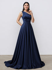 Navy A Line One Shoulder Satin Long Formal Eveing Dress with Pocket