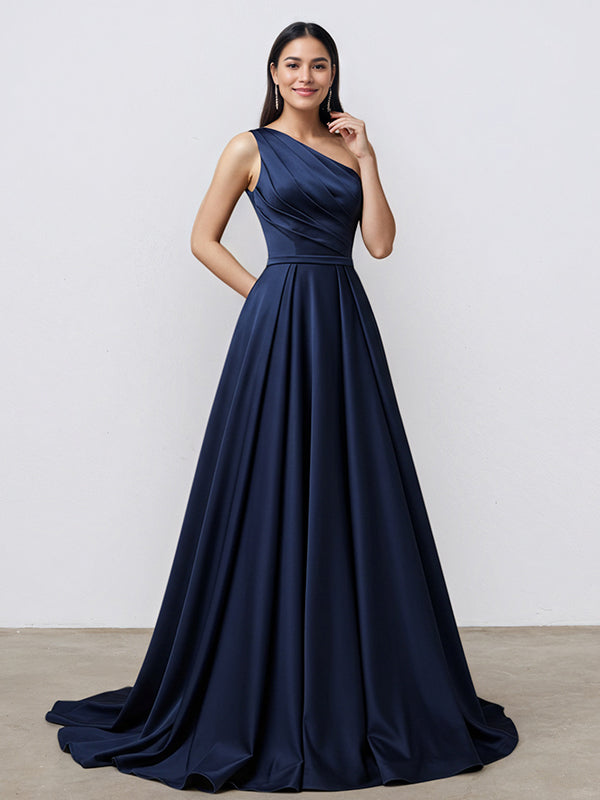 Navy A Line One Shoulder Satin Long Formal Eveing Dress with Pocket