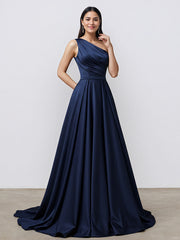 Navy A Line One Shoulder Satin Long Formal Eveing Dress with Pocket
