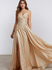Champagen A Line V Neck Long Formal Eveing Dress with Slit