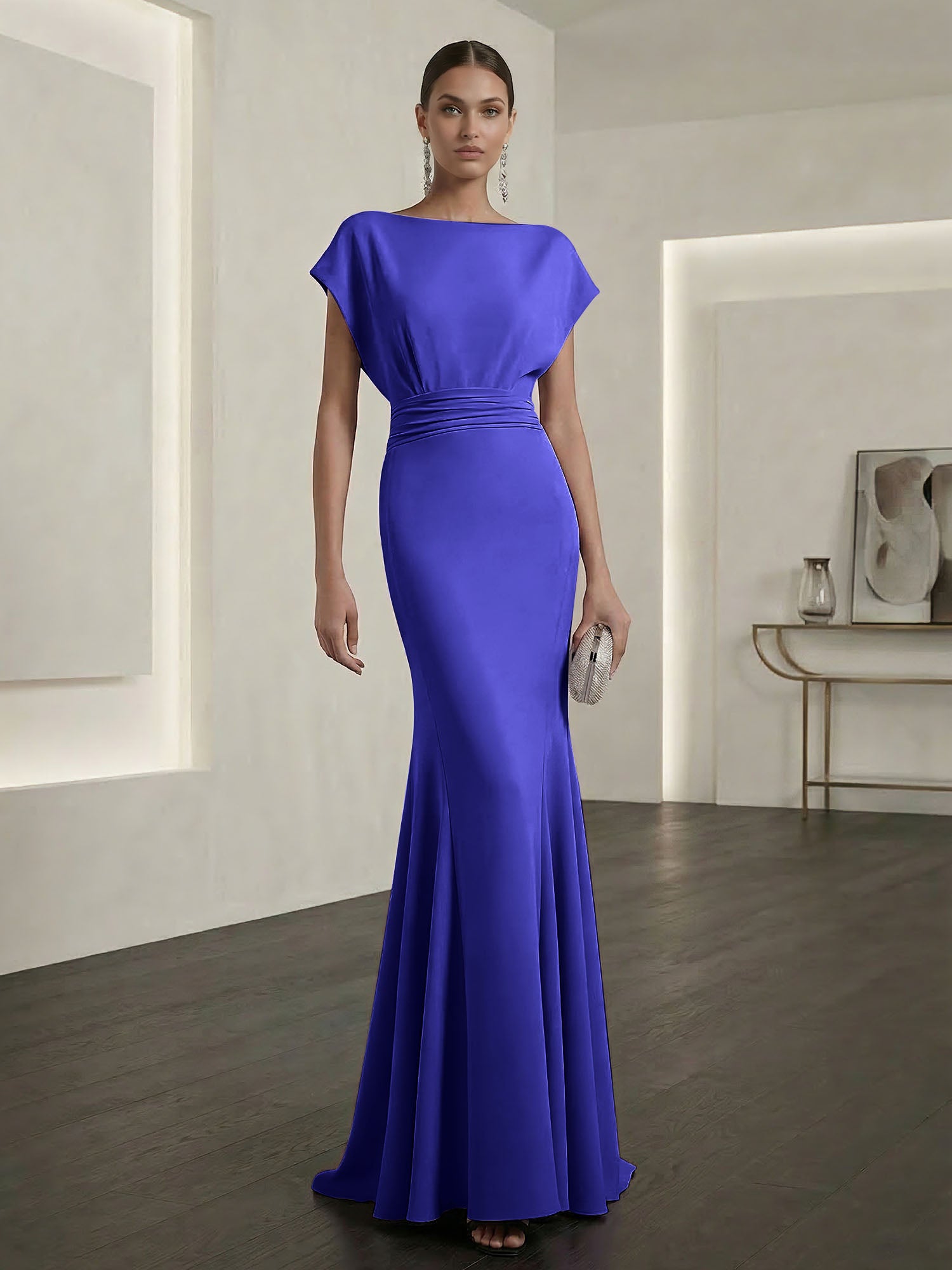 Lavender Mermaid Gown Dress Ruched Classic Boat Neck Short Sleeve Raglan Sleeves