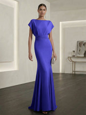 Lavender Mermaid Gown Dress Ruched Classic Boat Neck Short Sleeve Raglan Sleeves